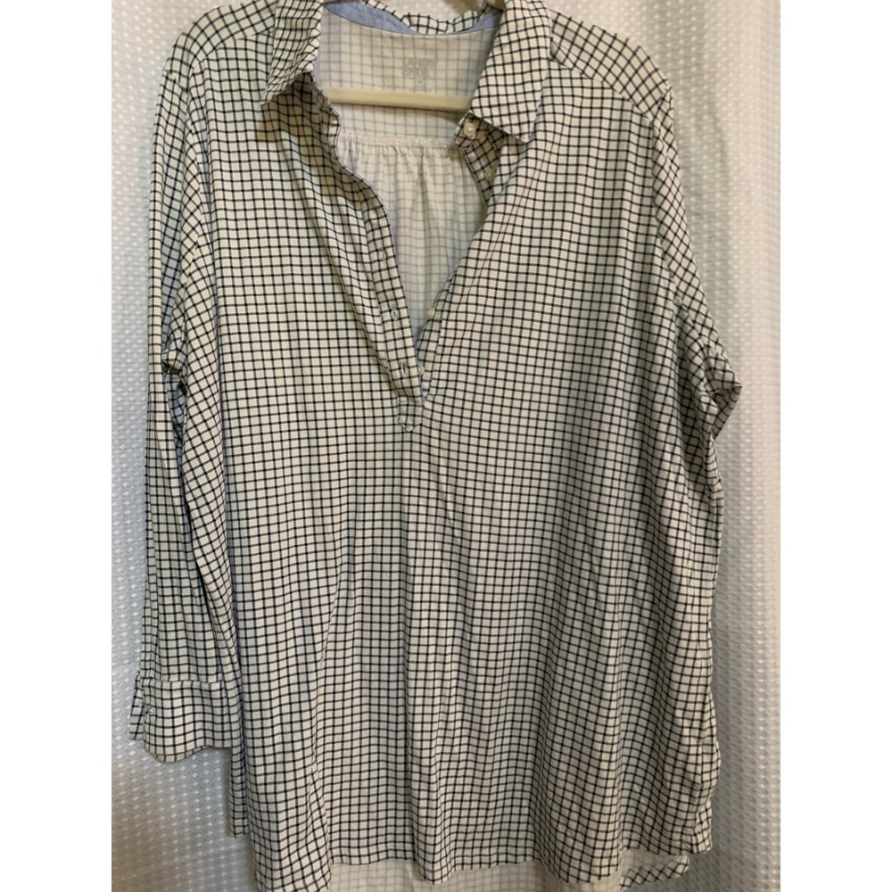Lands End Womens 2X Popover Tunic Top Navy Blue White Grid Check Jersey Knit
